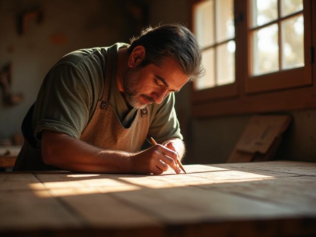 Artesano trabajando cuidadosamente en un mueble de madera, en un taller iluminado con luz natural.