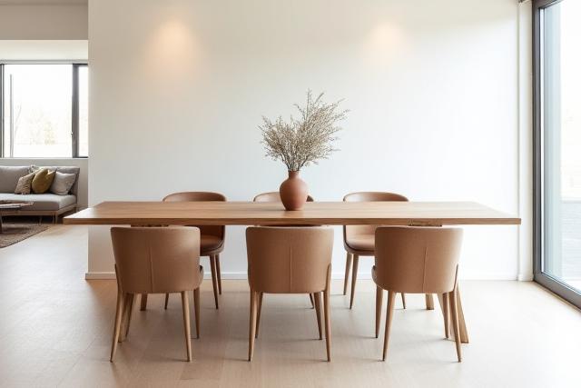 Mesa de comedor de madera de diseño personalizado, con sillas modernas en un ambiente luminoso.