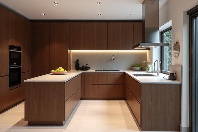 Cocina moderna con gabinetes de madera oscura hechos a medida, encimera de piedra clara y electrodomésticos integrados.