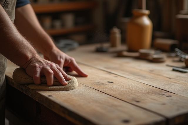 Artesano trabajando en la restauración de una mesa antigua de madera, lijando la superficie con cuidado.