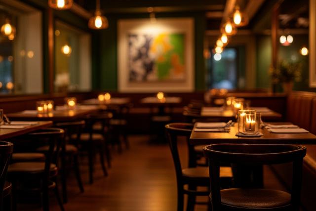 Interior de un restaurante con mesas y sillas de madera elegantes, cálida iluminación y un ambiente acogedor.