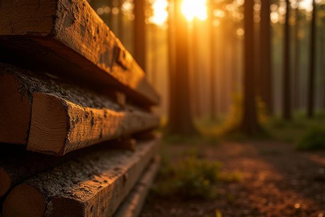 Maderas nobles apiladas cuidadosamente en un bosque bien gestionado al atardecer, con luz dorada filtrándose entre los árboles.